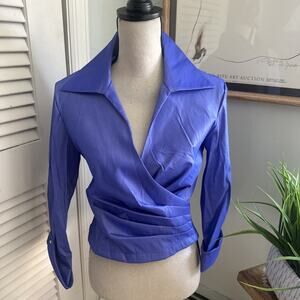 Tadashi Shoji Top Womens *XS Blue Ruched Wrap Taffeta Evening Quiet Luxury Glam